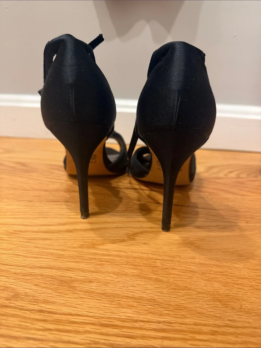 Badgley Mischka Black Satin Ankle-Strap Heels with Crystal Teardrop Buckle